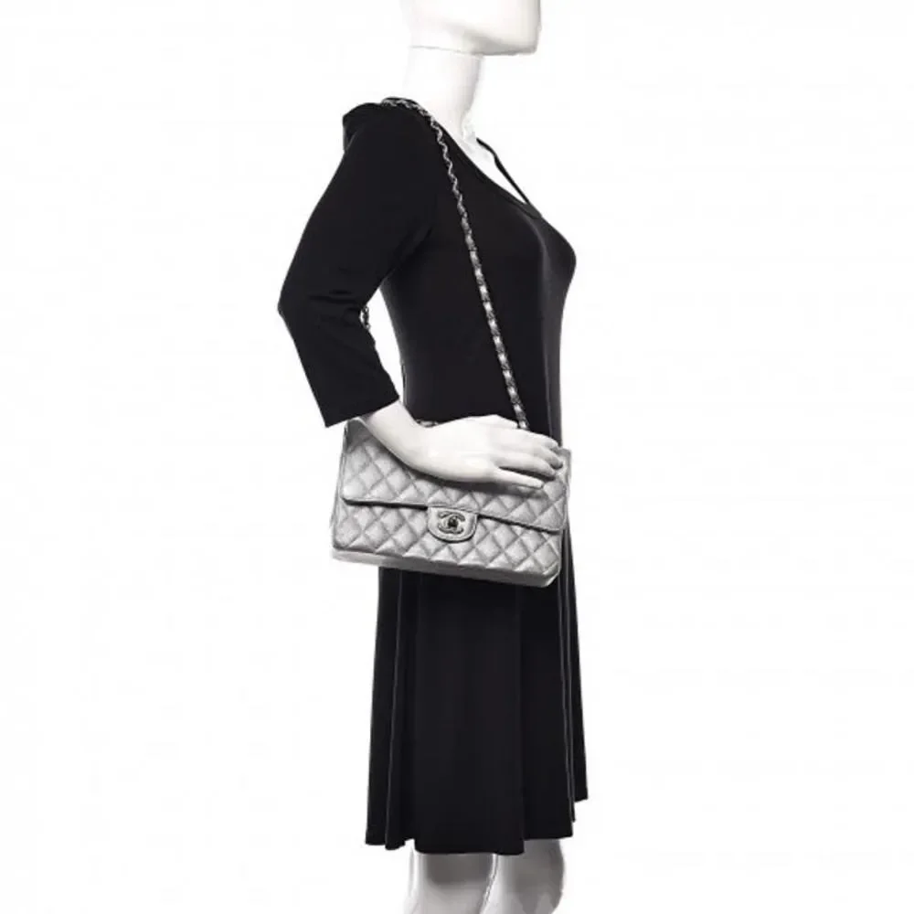 ❌❌ CHANEL 21K Glittered Silver Metallic Caviar Quilted Medium Double Flap CC bag - Picture 3 of 14